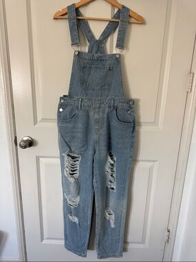 Distressed Light Blue Denim Women's Overalls